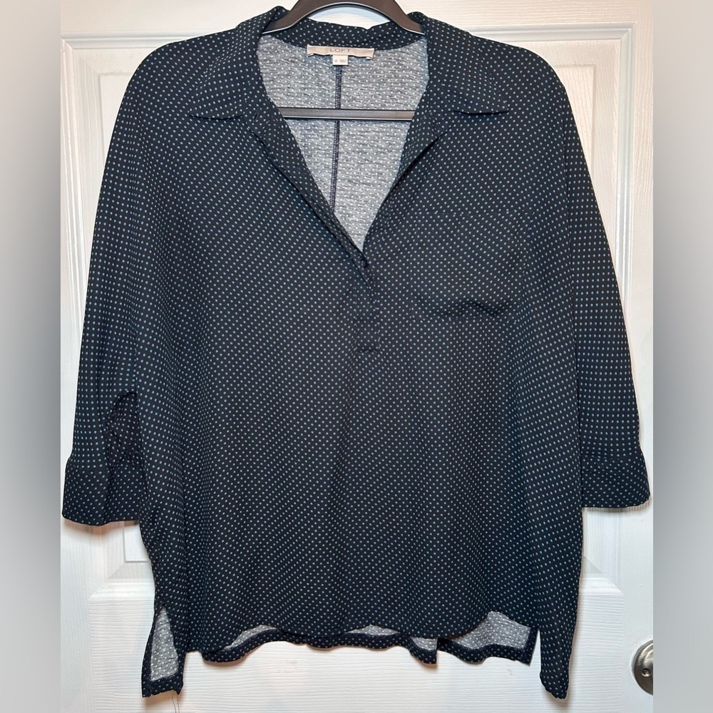 Ann Taylor LOFT Dolman Everyday Boxy Blouse- Black/Blue Dots/ Size Medium
